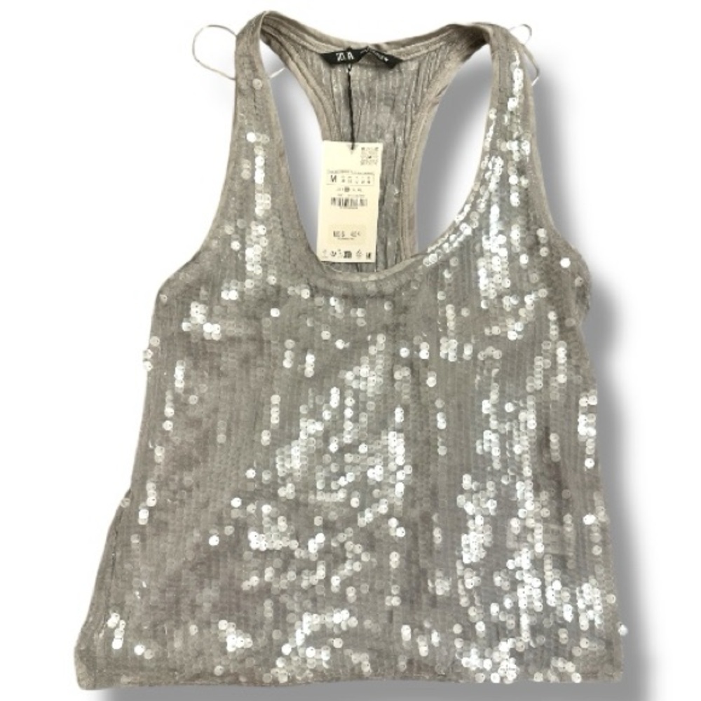 Zara Sequin Tank Top Silver Beaded Racerback Party Top Size Medium NWT